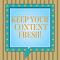 Text sign showing Keep Your Content Fresh. Conceptual photo Have your marketing promotion strategies updated Square