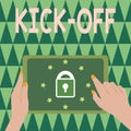 Text sign showing Kick Off. Conceptual photo start or resumption of football match in which player kicks ball
