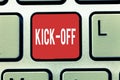 Text sign showing Kick Off. Conceptual photo start or resumption of football match in which player kicks ball