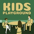 Text sign showing Kids Playground. Word for piece of land designed for children to play in outside