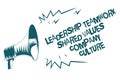 Text sign showing Leadership Teamwork Shared Values Company Culture. Conceptual photo Group Team Success Gray megaphone loudspeake