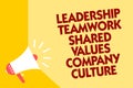 Text sign showing Leadership Teamwork Shared Values Company Culture. Conceptual photo Group Team Success Megaphone loudspeaker yel