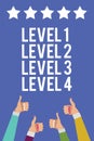 Text sign showing Level 1 Level 2 Level 3 Level 4. Conceptual photo Steps levels of a process work flow Men women hands thumbs up