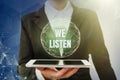 Text sign showing We Listen. Business idea Group of showing that is willing to hear anything you want to say Lady in