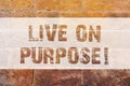 Text sign showing Live On Purpose. Conceptual photo Have a goal mission motivation to keep going inspiration Brick Wall