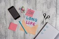 Text sign showing Long Life. Conceptual photo able to continue working for longer than others of the same kind Envelope sheet Royalty Free Stock Photo