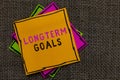 Text sign showing Longterm Goals. Conceptual photo Strategic target that is required more time for completion Paper notes Importan