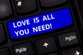 Text sign showing Love Is All You Need. Conceptual photo Inspiration roanalysistic feelings needed motivation Keyboard