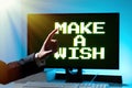 Text sign showing Make A Wish. Business approach To have dreams desires about future events Be positive Businesswoman Royalty Free Stock Photo