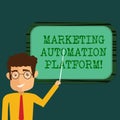 Text sign showing Marketing Automation Platform. Conceptual photo automate repetitive task related to marketing Man