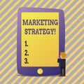 Text sign showing Marketing Strategy. Conceptual photo Plan Formula Creativity Research Organization.