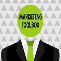 Text sign showing Marketing Toolbox. Conceptual photo Means in promoting a product or services Automation Symbolic
