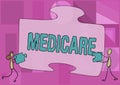 Text sign showing Medicare. Word for the federal government plan in US for paying certain hospital Colleagues Drawing