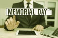 Text sign showing Memorial Day. Conceptual photo remembering the military demonstratingnel who died in service.