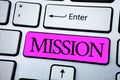 Text sign showing Mission. Conceptual photo Corporate goal Important Assignment Business purpose and focus written on Pink Key But