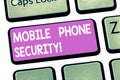 Text sign showing Mobile Phone Security. Conceptual photo secure data on mobile devices Wireless security Keyboard key Royalty Free Stock Photo