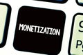 Text sign showing Monetization. Conceptual photo Process of converting establishing something into legal tender