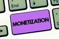 Text sign showing Monetization. Conceptual photo Process of converting establishing something into legal tender