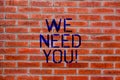 Text sign showing We Need You. Conceptual photo Company wants to hire Vacancy Looking for talents Job employment Brick