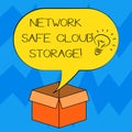 Text sign showing Network Safe Cloud Storage. Conceptual photo Security on new online storage technologies Idea icon