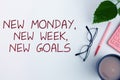 Text sign showing New Monday, New Week, New Goals. Business overview goodbye weekend starting fresh goals targets