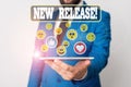 Text sign showing New Release. Conceptual photo announcing something newsworthy recent product. Royalty Free Stock Photo