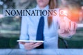 Text sign showing Nominations. Conceptual photo action of nominating or state being nominated for prize Female business