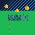 Text sign showing Nominations. Conceptual photo action of nominating or state being nominated for prize Three gold