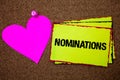 Text sign showing Nominations. Conceptual photo Suggestions of someone or something for a job position or prize Border sticky reme