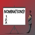 Text sign showing Nominations. Conceptual photo Suggestions of someone or something for a job position or prize Royalty Free Stock Photo