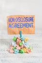 Text sign showing Non Disclosure Agreement. Conceptual photo Legal Contract Confidential Material or Information Reminder pile