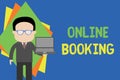 Text sign showing Online Booking. Conceptual photo Reservation through internet Hotel accommodation Plane ticket Royalty Free Stock Photo