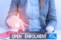 Text sign showing Open Enrolment. Conceptual photo period during which members can choose an alternate plan Business concept with