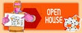 Text sign showing Open House. Business idea you can come whatever whenever want Make yourself at home Man holding paper