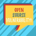 Text sign showing Open Source Vulnerability. Conceptual photo Publicized Exploits are open to malicious users Stack of Speech