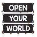 Text sign showing Open Your World. Conceptual photo Broaden your mind and mentality from any negativity Wooden panel