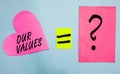 Text sign showing Our Values. Conceptual photo list of morals companies or individuals commit to do them Pink paper notes heart eq