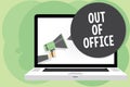 Text sign showing Out Of Office. Conceptual photo Outside the job Nobody in business Break Leisure Relax time Man holding Megaphon Royalty Free Stock Photo