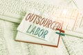 Text sign showing Outsourced Labor. Conceptual photo jobs handled or getting done by external workforce notebook paper