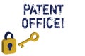 Text sign showing Patent Office. Conceptual photo a government office that makes decisions about giving patents Yellow