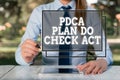 Text sign showing Pdca Plan Do Check Act. Conceptual photo Deming Wheel improved Process in Resolving Problems Female