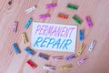Text sign showing Peranalysisent Repair. Conceptual photo A repair of an asset that is enduring and lasting Colored clothespin