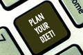 Text sign showing Plan Your Diet. Conceptual photo Schedule fitness activities and meals to lose weight Keyboard key Intention to Royalty Free Stock Photo