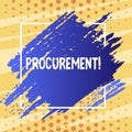 Text sign showing Procurement. Conceptual photo Procuring Purchase of equipment and supplies Blue Tone Paint Inside
