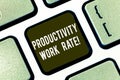 Text sign showing Productivity Work Rate. Conceptual photo assessment of the efficiency of a group or workers Keyboard