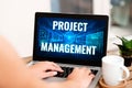 Text sign showing Project Management. Business overview Application Process Skills to Achieve Objectives and Goal Hand
