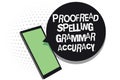 Text sign showing Proofread Spelling Grammar Accuracy. Conceptual photo Grammatically correct Avoid mistakes Cell phone receiving