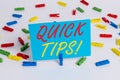 Text sign showing Quick Tips. Conceptual photo small but particularly useful piece of practical advice Colored Royalty Free Stock Photo
