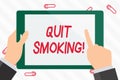 Text sign showing Quit Smoking. Conceptual photo process of discontinuing tobacco and any other smokers Hand Holding