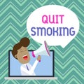 Text sign showing Quit Smoking. Conceptual photo process of discontinuing tobacco smoking or cessation Man Speaking